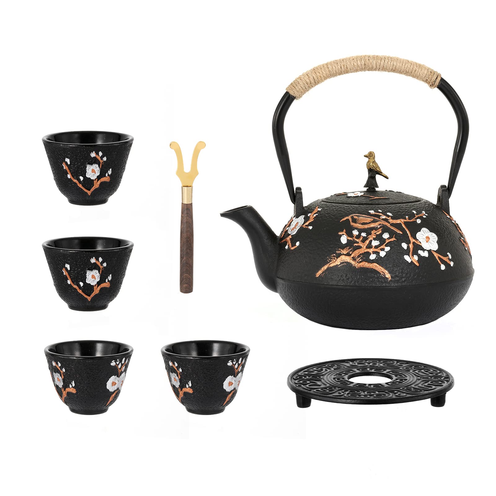 Dyna-Living Cast Iron Teapot 1200ml/40.6oz Japanese Tea Set with 4 Tea Cups Japanese Cast Iron Teapot with Infuser Japanese Tea Kettle Stovetop Gift for Tea Lover