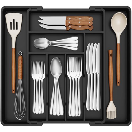 Lifewit Utensil Organizer for Kitchen Drawer, Expandable Cooking Silverware Tray, Adjustable Cutlery Flatware Holder, Plastic Spatula Tools Storage Divider, 13-22.3 x 16.7", Black