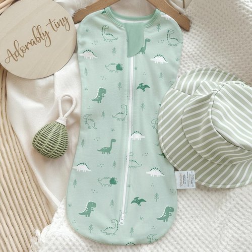 Baby Swaddle 0-2 Months, Cotton Arm-In Zipper Sleep Sack, Wearable Blankets Wrap for Newborn Infant Boys (Dinosaur, Stripe, Pack of 2)