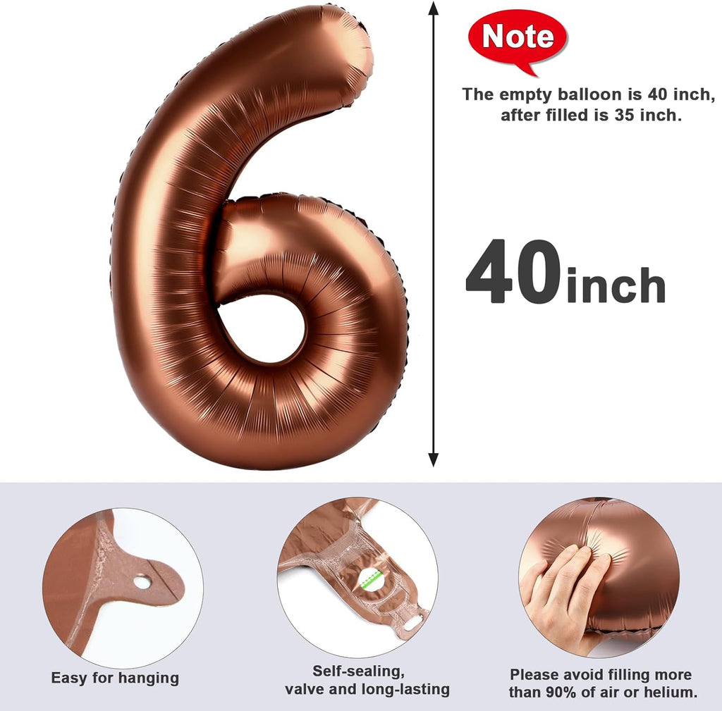 Number 6 Balloon - 40 Inch Coffee Brown Birthday Decoration for Men & Women | Perfect for 6th Birthday & Anniversaries
