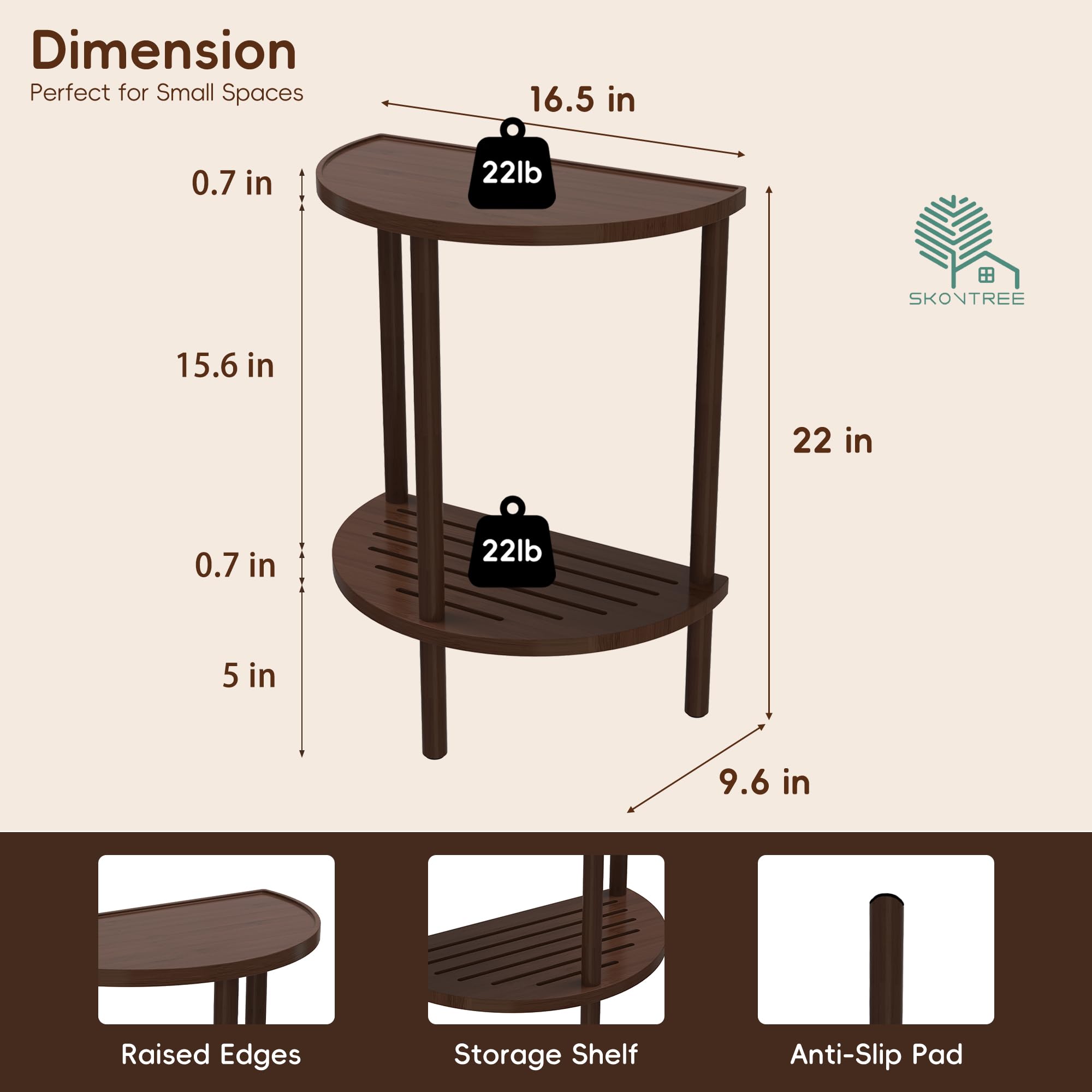 Skovtree End Table, Half Moon Side Tables, Living Room Half Round 2 Tier Tables, NightStand for Small Space in Living Room Bedroom, Couch Tables with Storage Shelf, Boho Side Table (Brown)