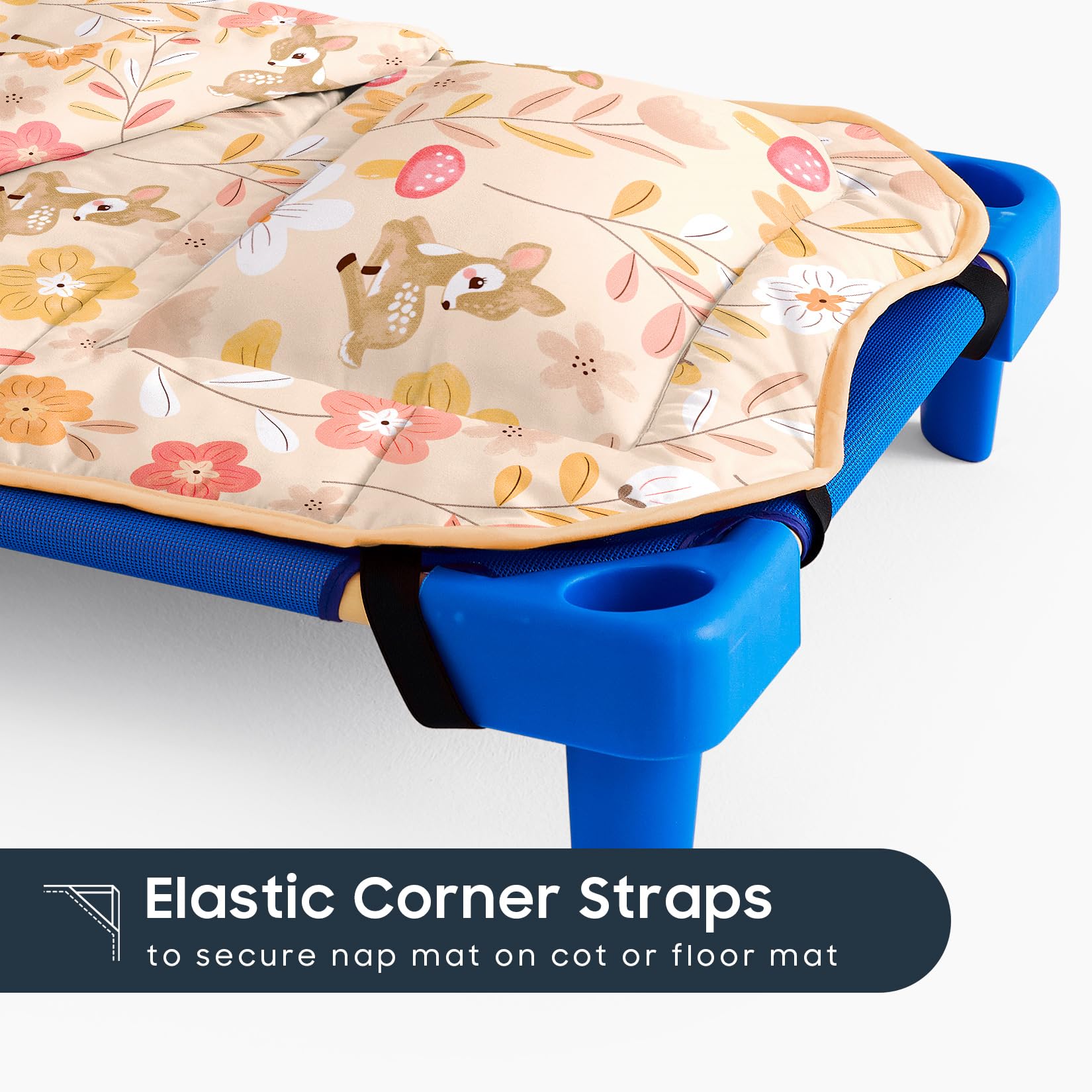 Wake In Cloud - Cot Nap Mat with Pillow and Blanket, for Toddler Kids Girls Ages 3 Plus in Daycare Kindergarten Preschool with Elastic Corner Straps, Floral Botanical Flowers, Peach Beige