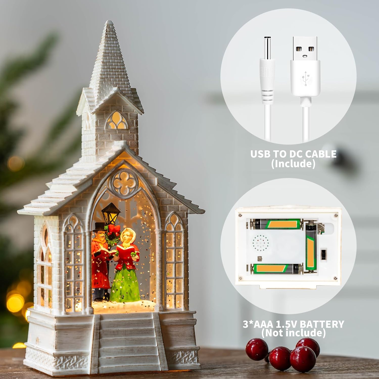 Regine Switzerland Christmas Village Snow Globe - Church Choir Water Lantern | Silent Night Music Holiday Decor Gift