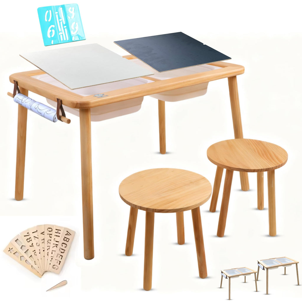 Woodyz - Evolving Sensory Table For Toddlers with Chairs & Foldable Bins - Indoor Kids Arts And Crafts Table - Play a Montessori Activity with Sand - Book/Tablet Holder- (Paper & Accessories included)