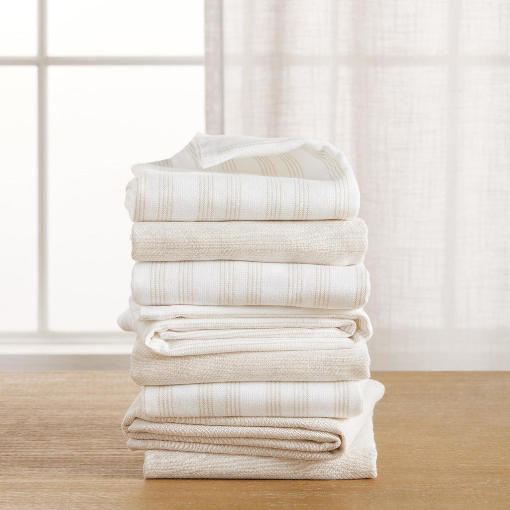 KitchenAid Chambray Stripe Kitchen Towels 8-Pack, Absorbent 100% Woven Cotton, Milkshake/White, 17”x28”