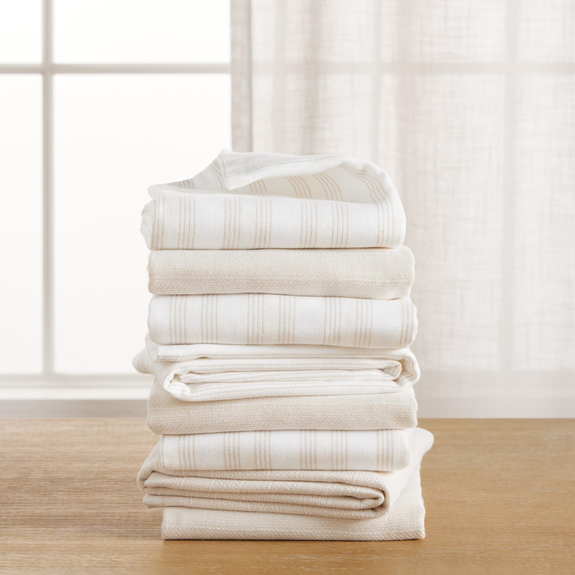 KitchenAid Chambray Stripe Kitchen Towels 8-Pack, Absorbent 100% Woven Cotton, Milkshake/White, 17”x28”
