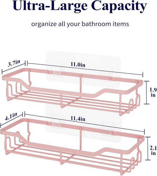 Kitsure Shower Caddy Large - No Drill Adhesive Organizer | Stainless Steel Shelf for Bathroom, 2 Pack, Pink