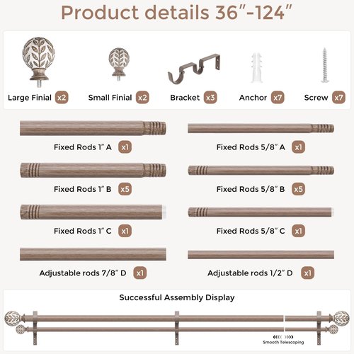 Wolistsa Double Curtain Rod, Boho Wood Decorative Long Dual Curtain Rods for Windows 84 to 120 Inch, 1" Adjustable Heavy Duty Double Rod, Handmade Imitation Weathered Wood Grain Leaf Finial Design