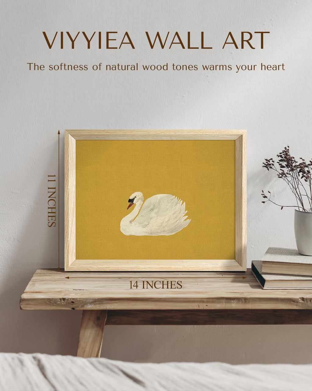 VIYYIEA Minimalist White Swan Wall Art - Modern Mustard Yellow Canvas Print, 11x14 Inch Decor
