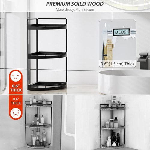 Corner Bathroom Organizer - 3 Tier Wood Vanity Shelf for Skincare & Toiletries | Black
