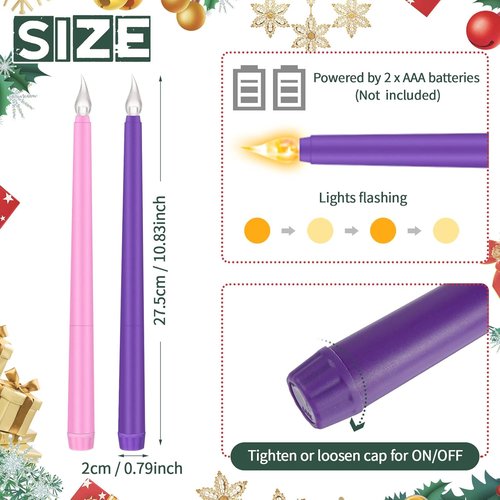 Honoson Flameless LED Taper Candles - 4 Pack for Hanukkah & Christmas | Flickering Purple & Pink Decor