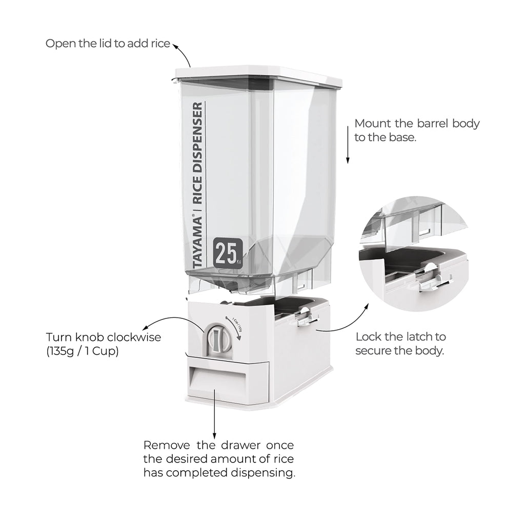 TAYAMA 55 lbs. Capacity Rice Dispenser Grain Storage Container,White