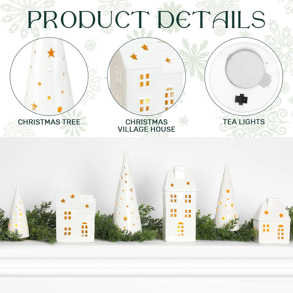 Newtay Ceramic LED Christmas Village Set - 3 LED Houses & 3 Porcelain Trees | White Decor for Tabletop & Mantel
