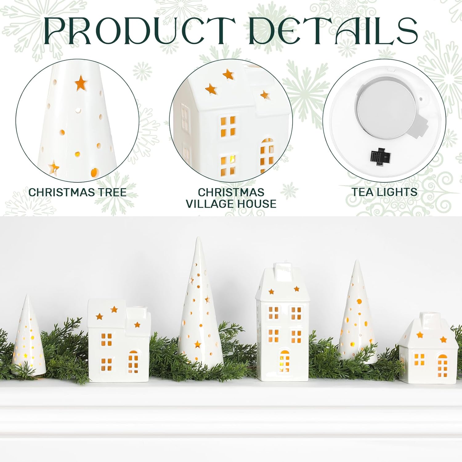 Newtay Ceramic LED Christmas Village Set - 3 LED Houses & 3 Porcelain Trees | White Decor for Tabletop & Mantel