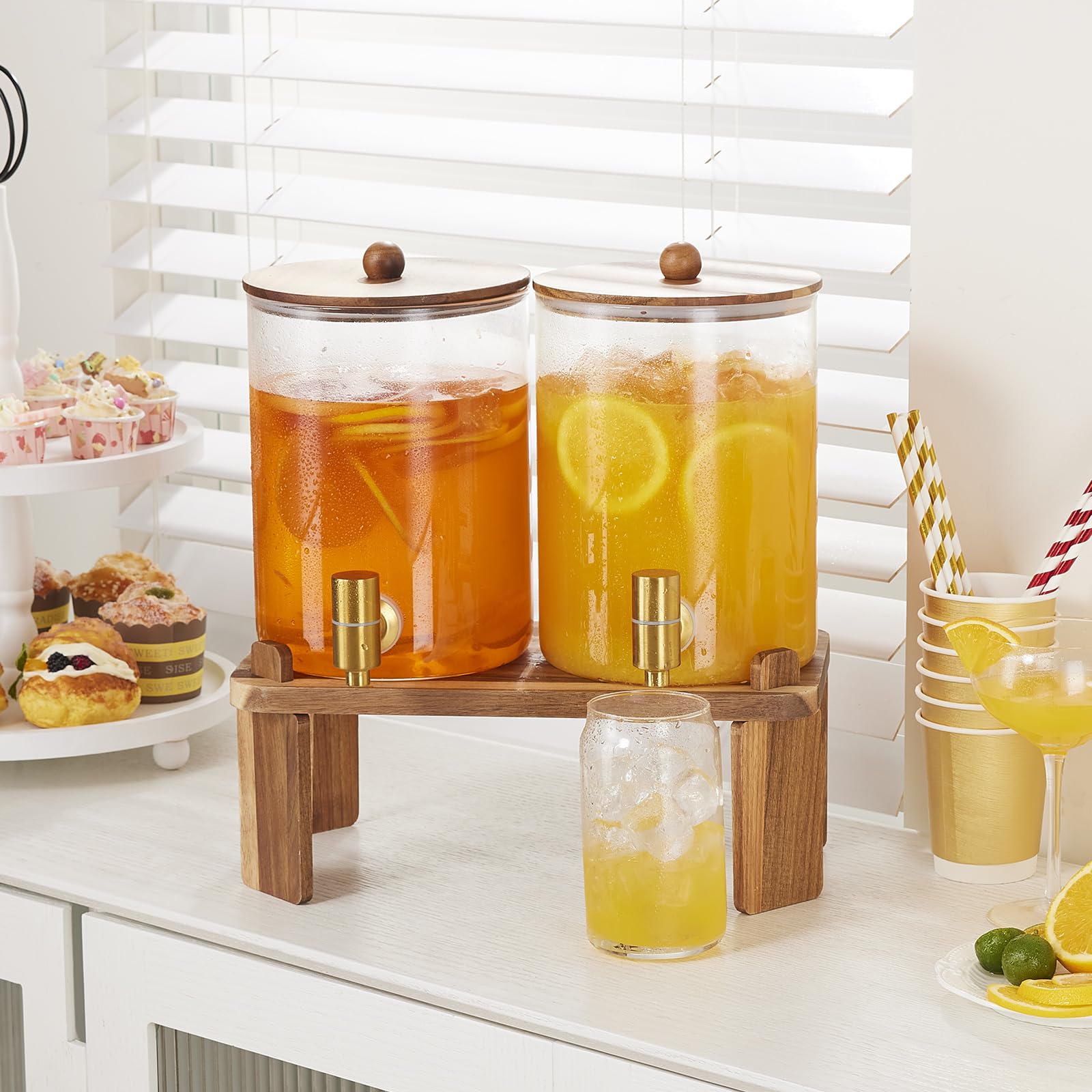 2 PCS 1 Gallon Drink dispenser, Glass Beverage Dispenser With Wood Stand, Large Water Drink Dispensers for Parties With Stainless Steel Spigot, Ideal for Lemonade,Juice, Tea, and Party Drinks