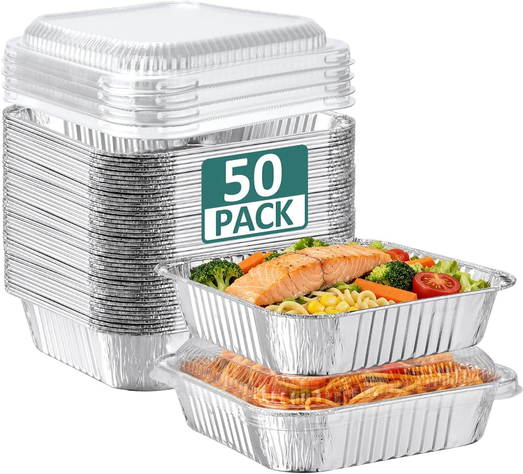 NEEBAKE 50 Pack 8x8 Aluminum Pans with Lids - Disposable Square Foil Baking Containers for Cakes & Bread