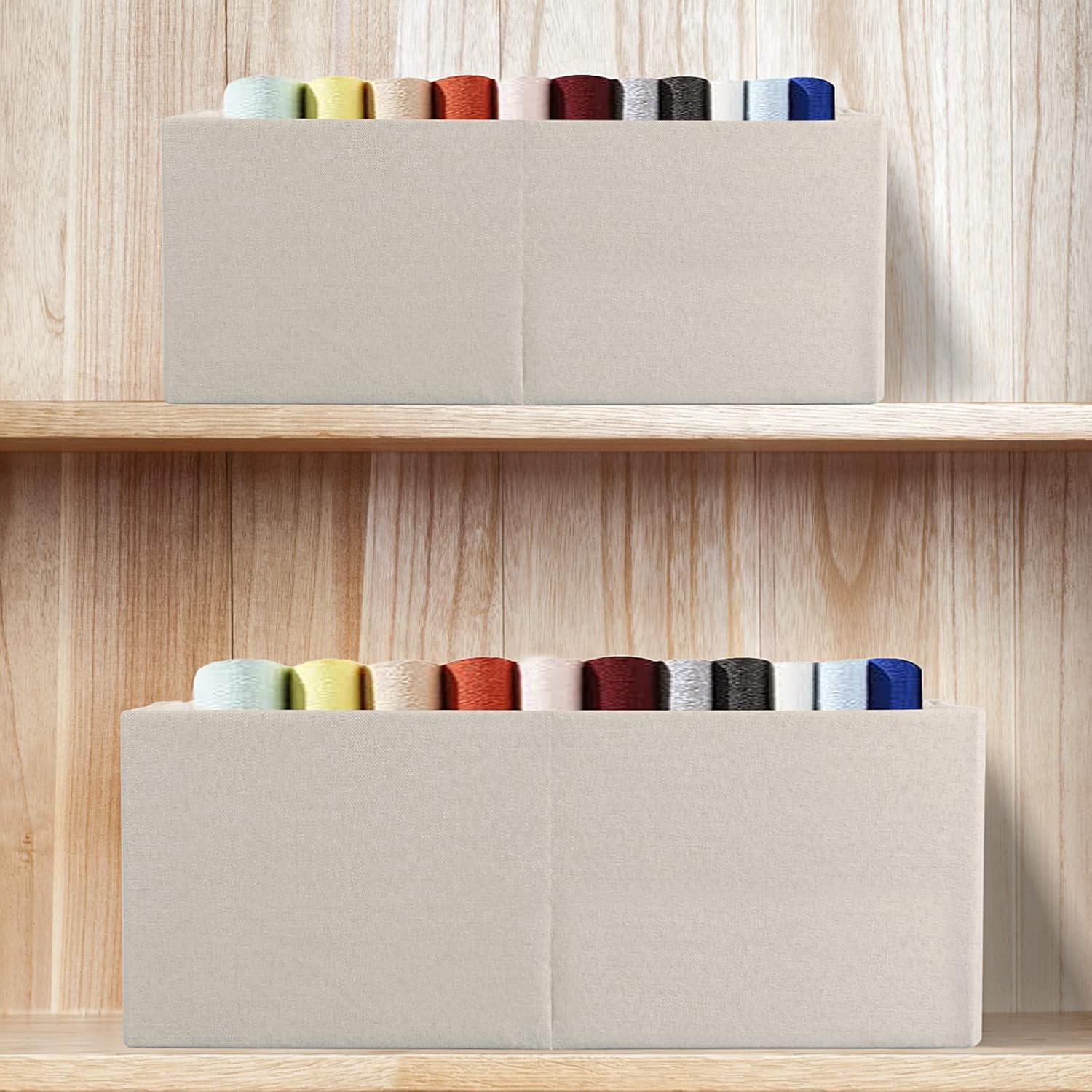 Skiennix Fabric Storage Bins - Foldable Cotton Linen Baskets with Wooden Handles | Small Beige 3-Pack