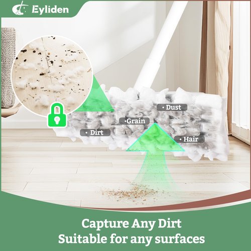 Eyliden Dust Mop, Sweeping & Mopping Kit | 58" Extended Long Handle, 36 Disposable Dry Cloths, Multi Surface Sweeper Mops for Floor Cleaning (White)