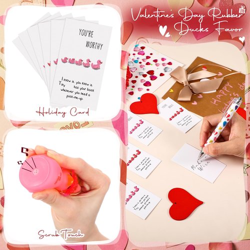 Liliful 2 Inch Rubber Ducks Bulk with Hats Glasses You Are Awesome Sign Card Employee Appreciation Gift for Friends Staff Team Coworker Exchange(24 Sets,Pink,Red)