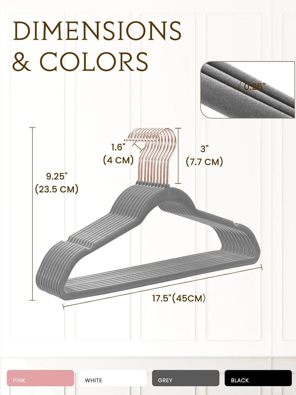 Smartor Grey Velvet Hangers - 50 Pack Non-Slip Heavy Duty Felt Hangers with 360° Rotating Rose Gold Hook | Slim Space-Saving Closet Organizer