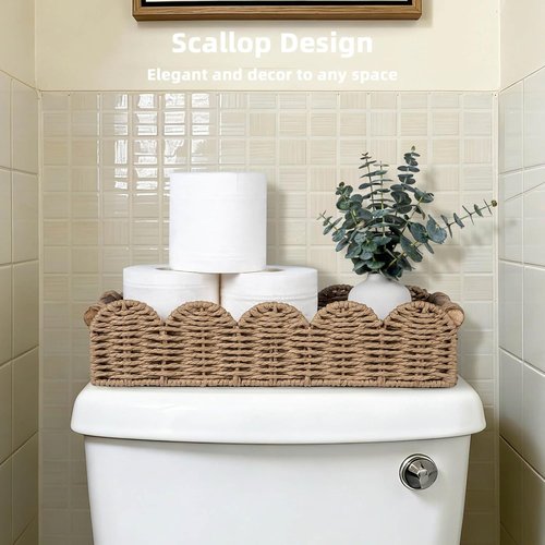 CubesLand Bathroom Basket Organizer - Scalloped Wicker Storage Tray with Cut-Out Handle | Neutral Decor