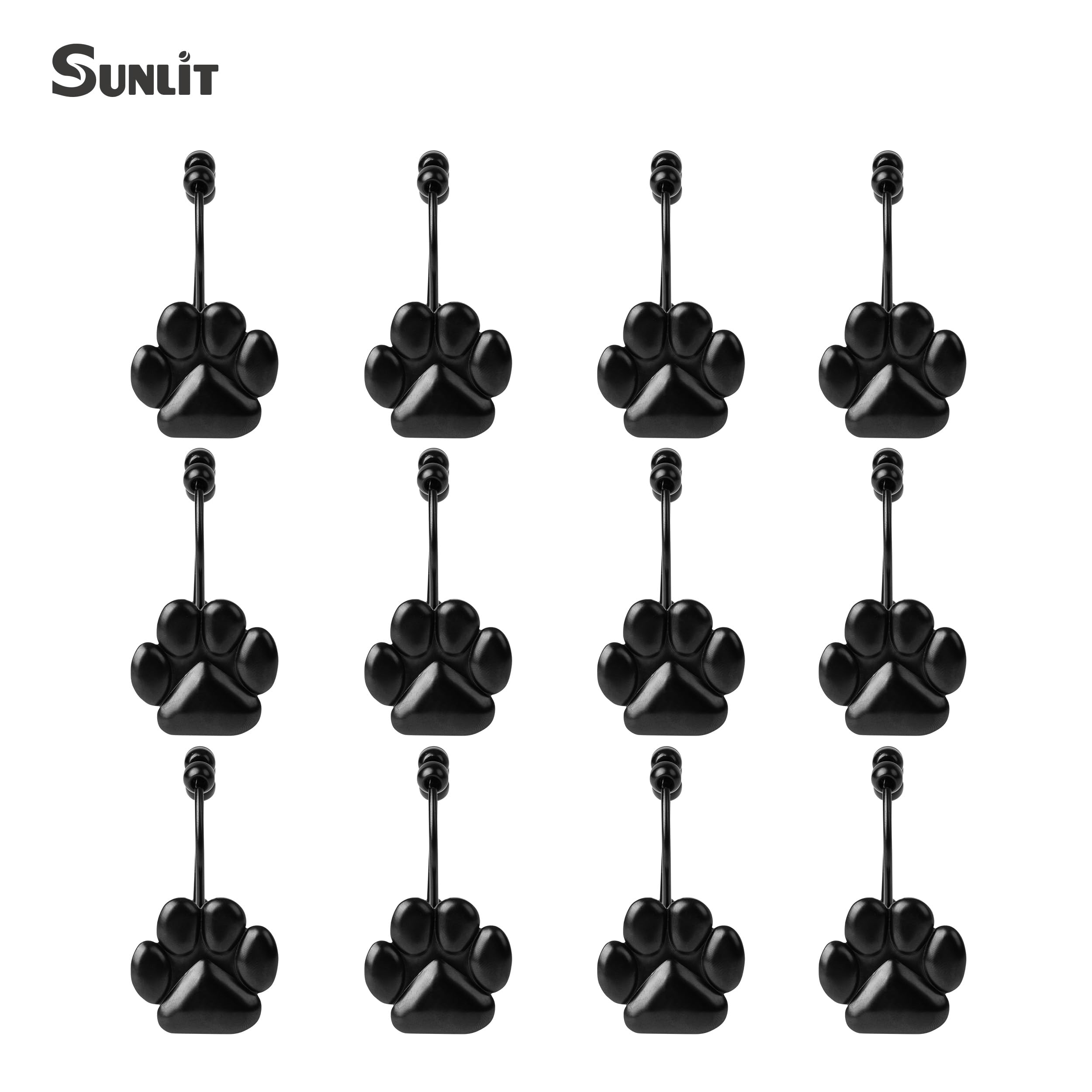 Sunlit Fashion Design Cute Paw Print Polished Double Shower Curtain Hooks for Dog Cat and Bear, Rust Proof Oil Metal Shower Curtain Rings, Black-12 Pack