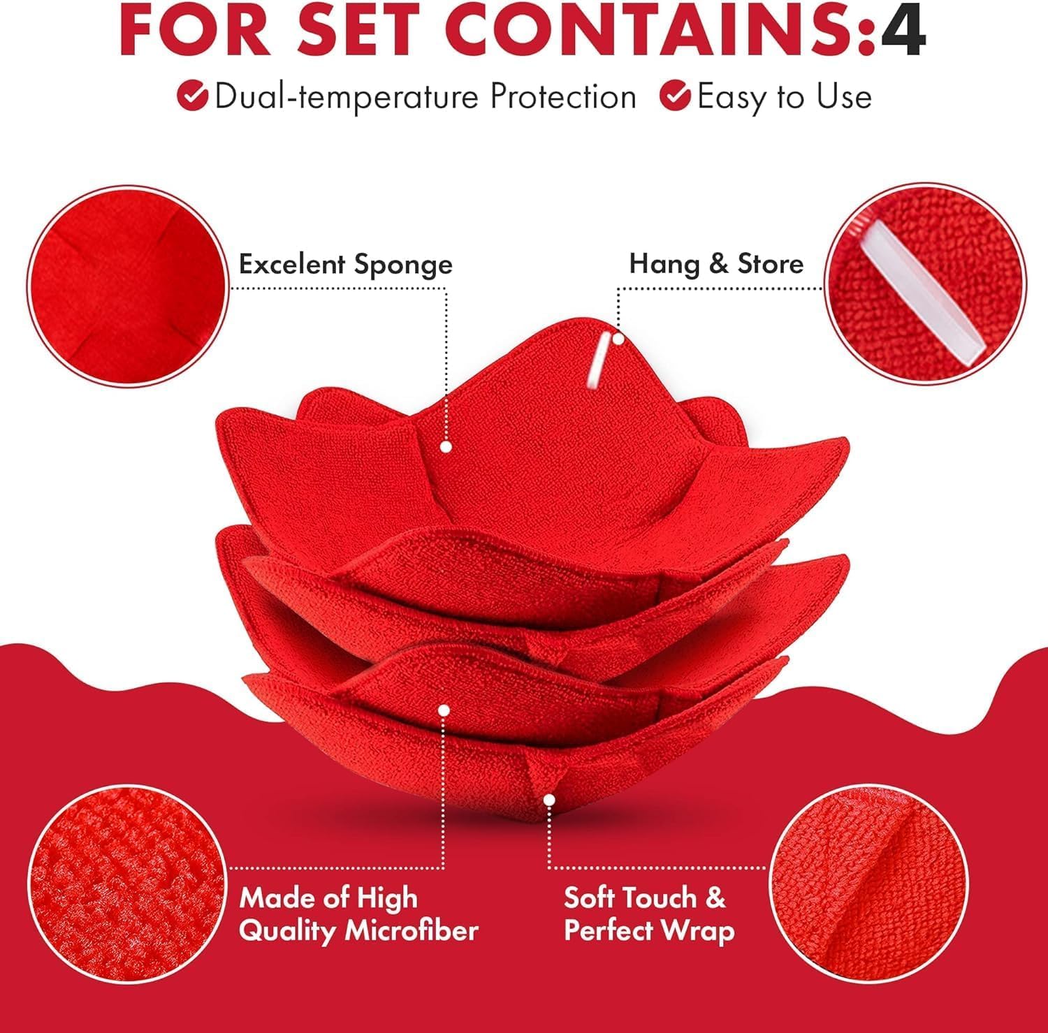 Microwave Bowl Cozies Warmers Food Microfiber Heat Resistant Food Warmer Set Microwave Safe Hot and Cold Bowls Holder Without Burning Your Hands Set of 4 Microwave Bowl Holders (Red)
