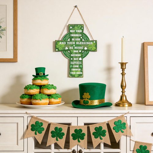 YGEINIT St Patrick's Day Door Wreath Decorations Happy Wooden St. Patrick's Day Sign Cross Lucky Shamrock Clover Irish Blessing Spring Decor for Wall Outdoor Home Party Living Room Decoration