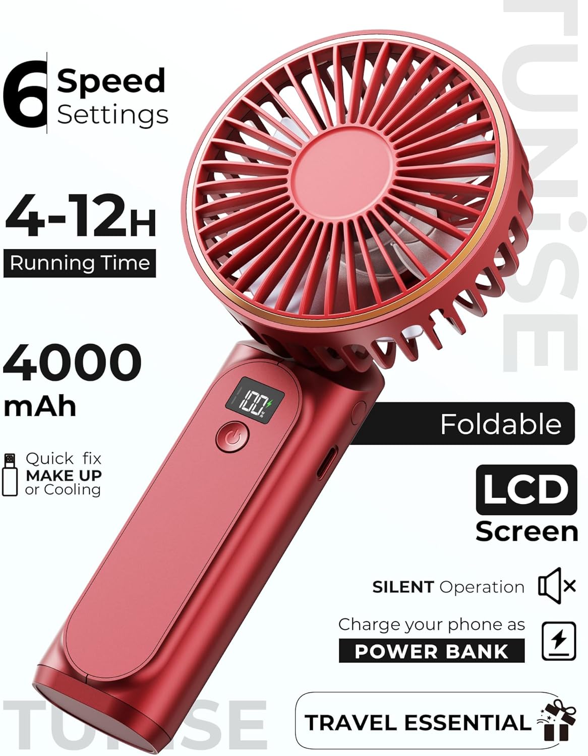 Skiennix Portable Handheld Fan - 4000mAh Battery, 6 Speed Wind, Adjustable 180° | USB Rechargeable