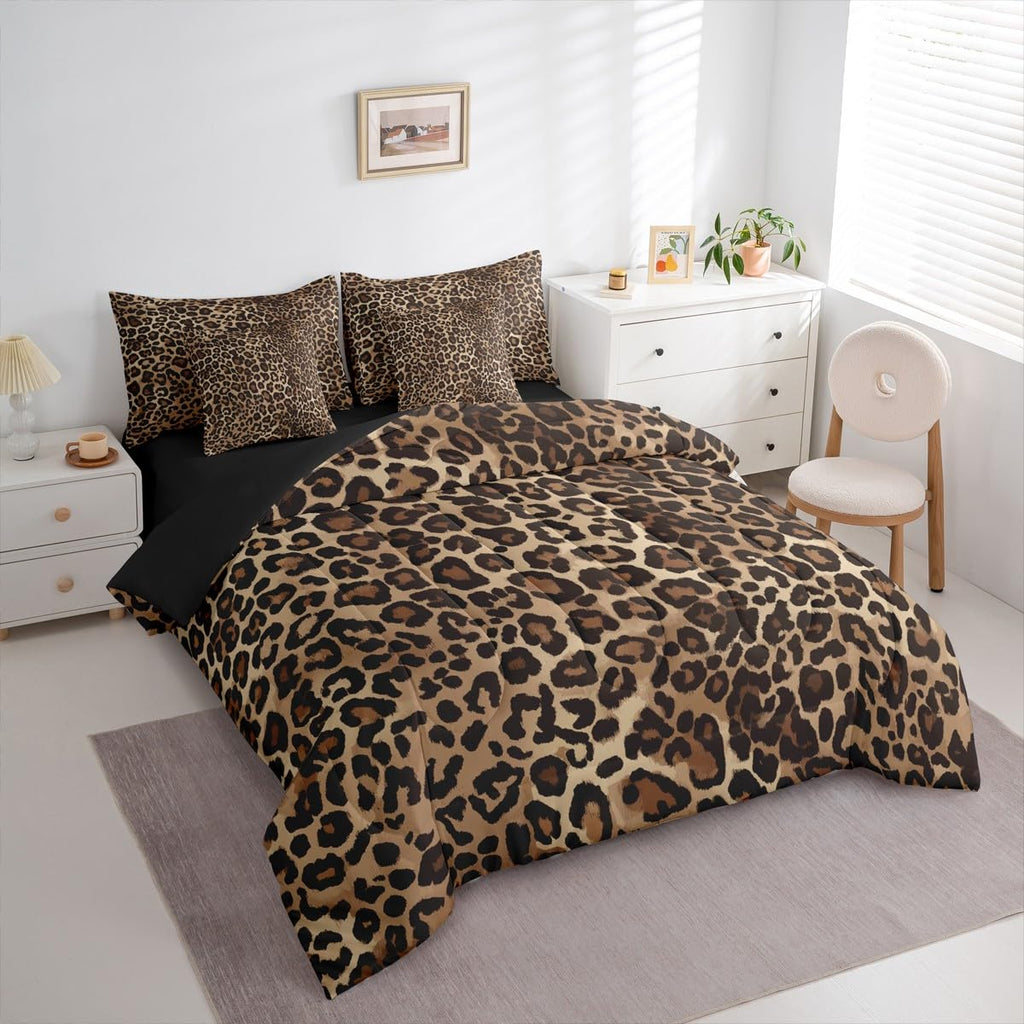 Erosebridal Leopard Print 7 Piece Bedding Set Queen Cheetah Decor Comforter Set with Sheets Geometric Modern Bed in A Bag African Safari Animal Bed Sets with 2 Pillowcases, 2 Throw Pillow Covers