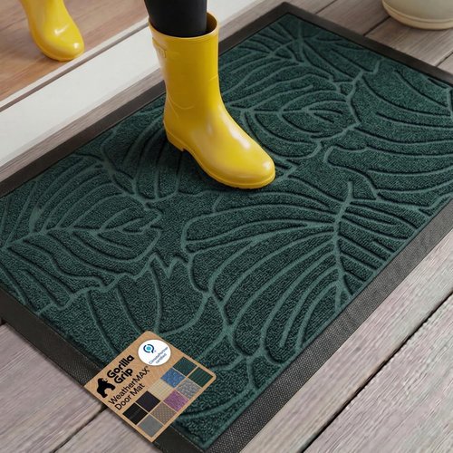 GORILLA GRIP Waterproof All-Season WeatherMAX Doormat - 35x23 Natural Rubber, Stain & Fade Resistant, Easy Clean Green Palm