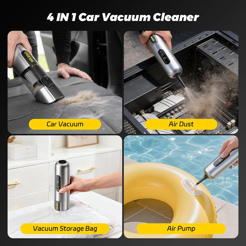 Mr. Ego Handheld Car Vacuum - Portable Cordless 4-in-1 Mini Vacuum with 18500Pa Suction | Silver Finish
