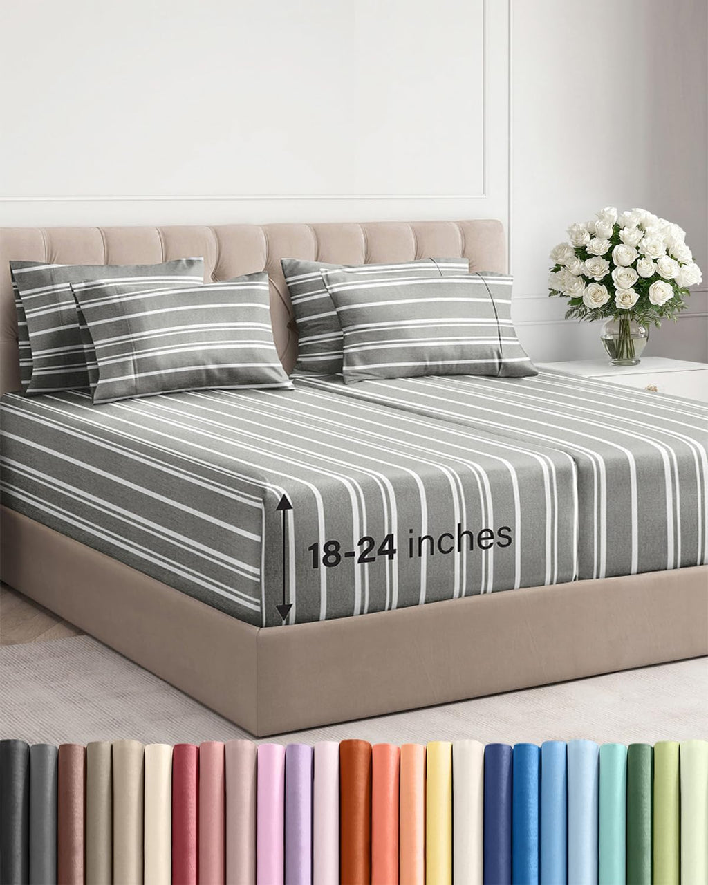 Skiennix Extra Deep Split King Sheet Set - 7 Piece Breathable Cooling Bedding - Soft Wrinkle-Free Grey Stripes