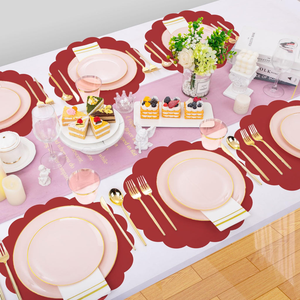 60 Pcs Red Paper Placemats, 13.5 Inch Mother's Day Placemat Disposable Scalloped Place Mat Round Table Place Mats Decorative Paper for Mothers Day Anniversay Birthday Wedding Banquet Holiday Party