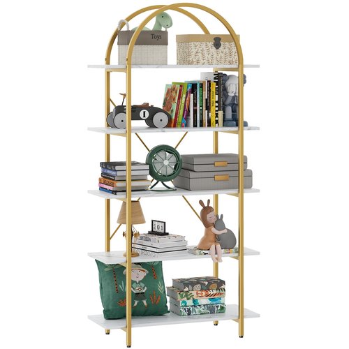 Arbuxzuy Arched Bookshelf 5 Tier Book Shelf, 31.5 Inch Width Industrial Arch Bookcase, Curved Tall Bookshelf with Open Shelves for Home Office, Living Room, Bedroom, Gold