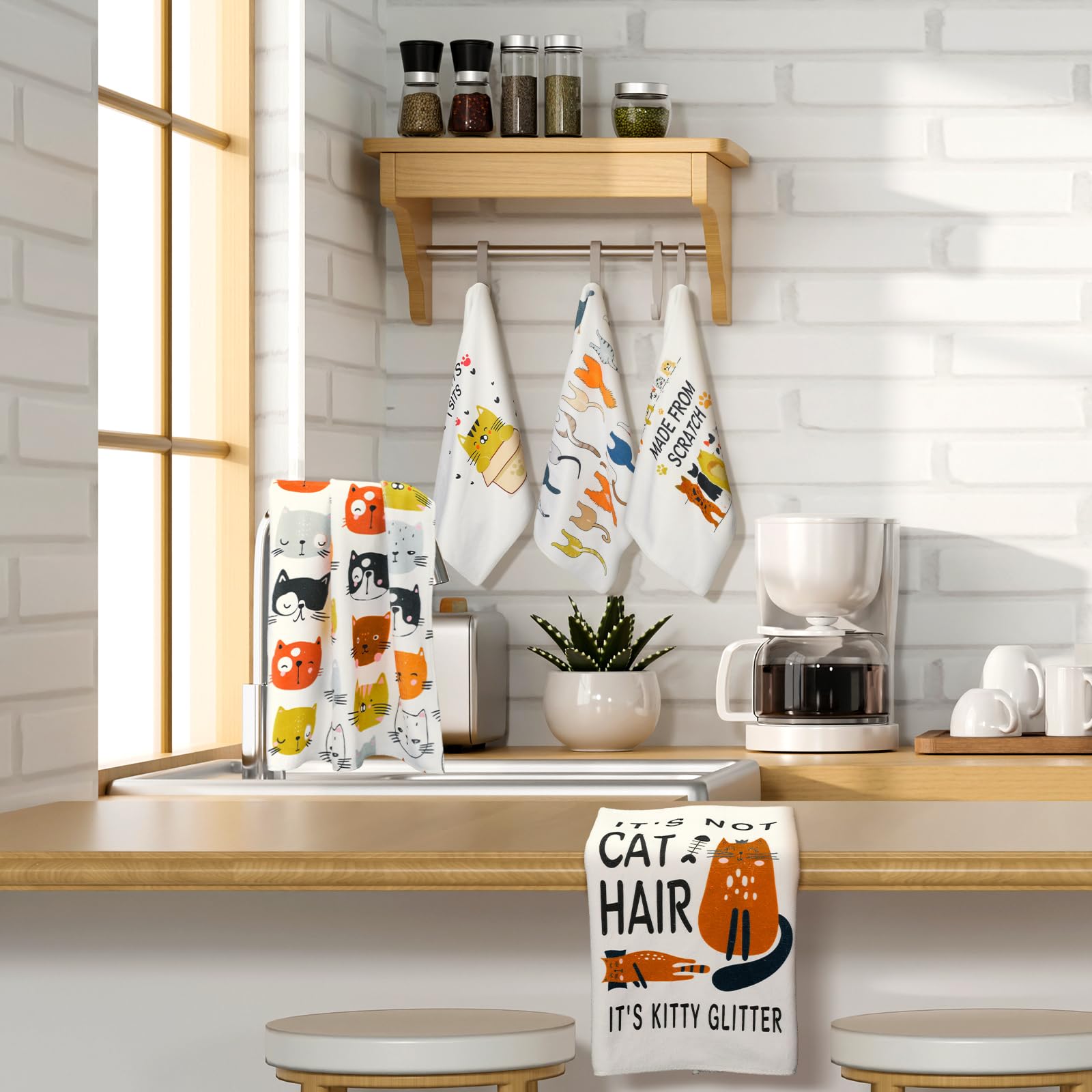 TecUnite 6 Pcs Cat Kitchen Towels Set Funny Cat Tea Towels Cute Dish Towel Decorative Hand Towel Cats Lover Gifts for Cleaning Drying Wiping Tasks Cats Owners Women Mom Housewarming Gifts Decor