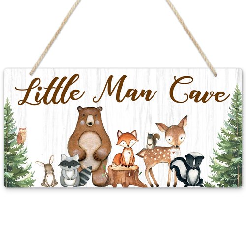 Uflashmi Wood Liitle Man Cave Sign, Woodland Animal Nursery Wall Decor for Baby Boys Room, Woodland Theme Nursey Room Decor for Toddler Boy, 12”x6”