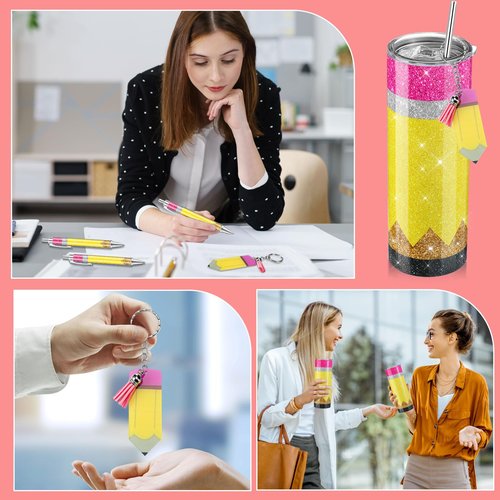 Skylety 12 Pcs 12 Pcs Teacher Gift Bulk 4 Sets Cute Teacher Appreciation Gifts 20 oz Stainless Steel Tumbler Keychain Ballpoint Set for Thank You Educator (Glitter Pencil Style)