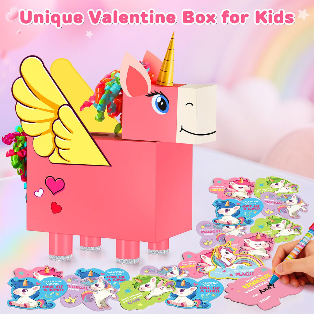 Bstoyder Unicorn Valentines Day Box and Cards for Kids School, Valentines Day Cards Gifts for Kids Classroom Exchange, School Party Favors (1 Unique Pink Box, 32 Valentine Cards, 1 Teacher Card)