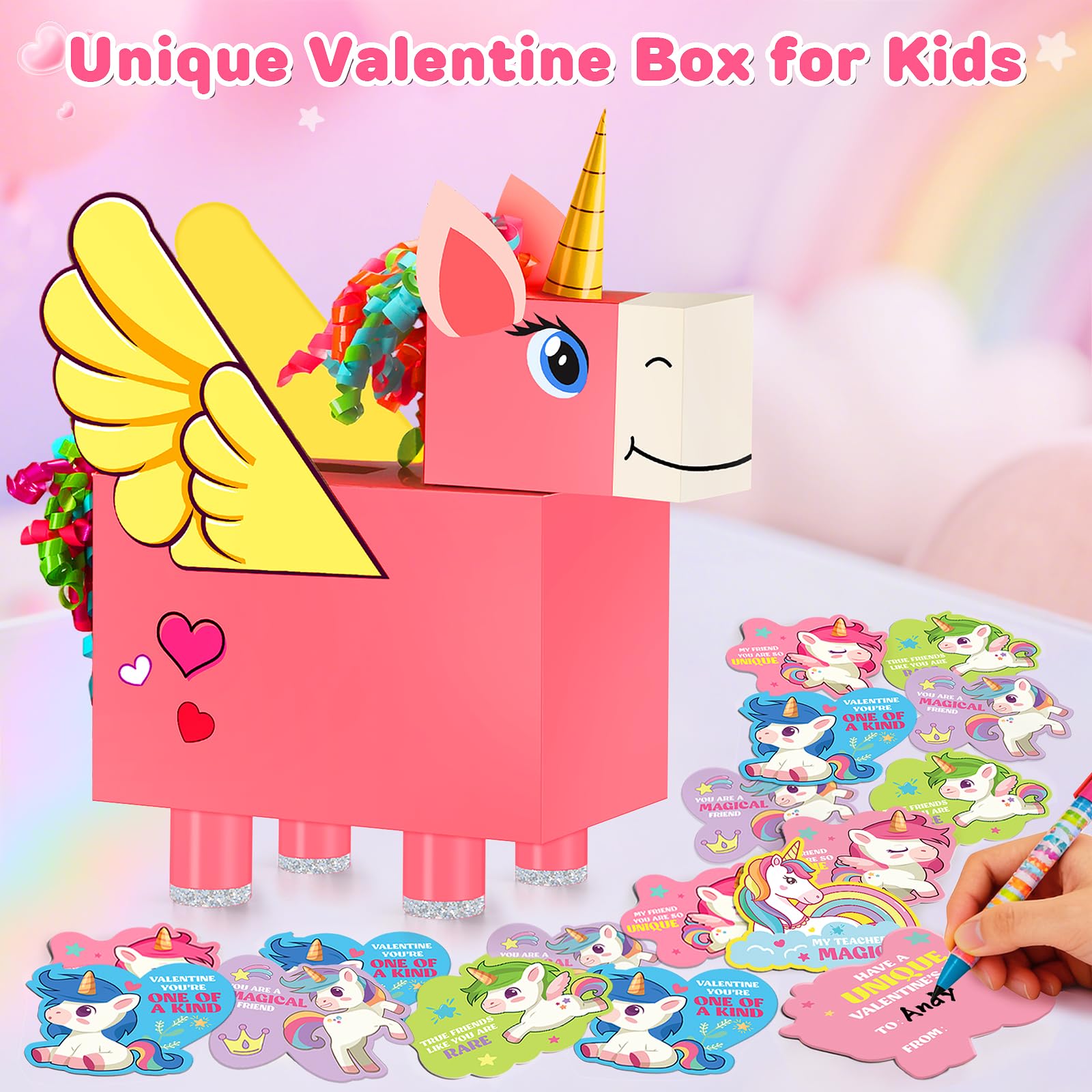 Bstoyder Unicorn Valentines Day Box and Cards for Kids School, Valentines Day Cards Gifts for Kids Classroom Exchange, School Party Favors (1 Unique Pink Box, 32 Valentine Cards, 1 Teacher Card)
