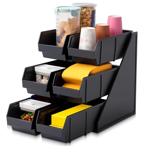 Novabright 6 Compartment Serve Condiment Bin Self Serve Condiment Packet Organizer Stand Countertop Plastic Containers Storage Display Rack for Coffee Shops Restaurants Bars(6 Bin)