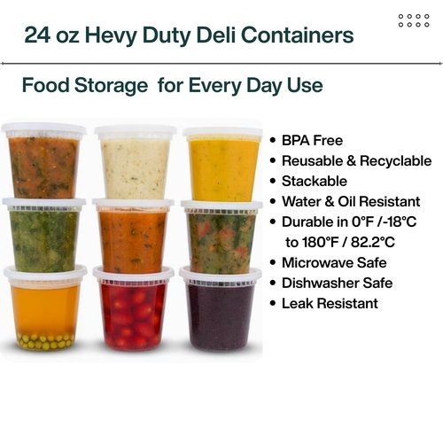 ProTakeOut 24oz [240 set] Heavy Duty Plastic Deli Container | BPA-Free Food Storage with Airtight Leak‑Proof Lids | Microwave, Freezer & Dishwasher Safe – Stackable, Bulk Reusable Soup & Meal Prep Tub