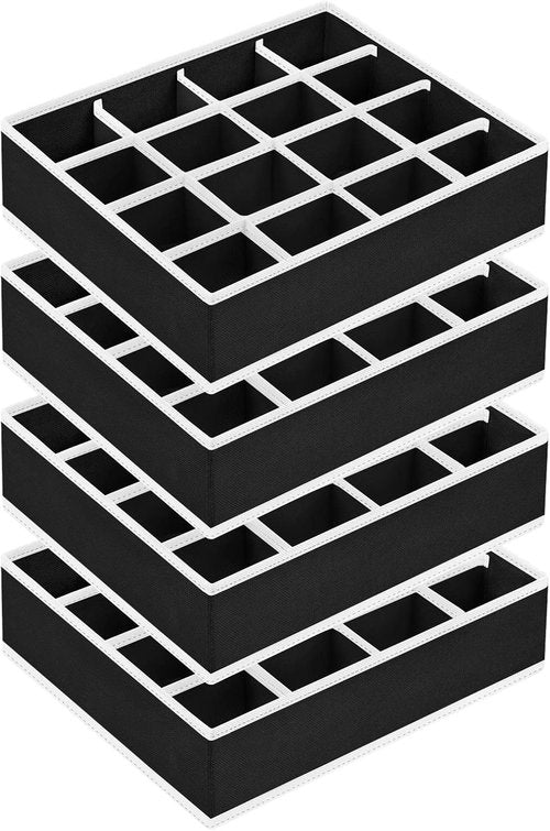 Homsorout Sock Organizers - 64-Cell Fabric Drawer Dividers for Socks & Ties | 4 Pack in Black