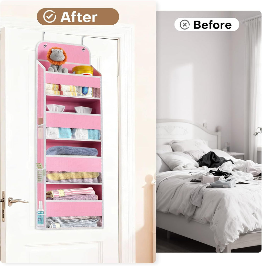 SpaceWhisper Over The Door Organizer - 4 Large Pocket Hanging Storage for Nursery, Bathroom & Closet (Pink)
