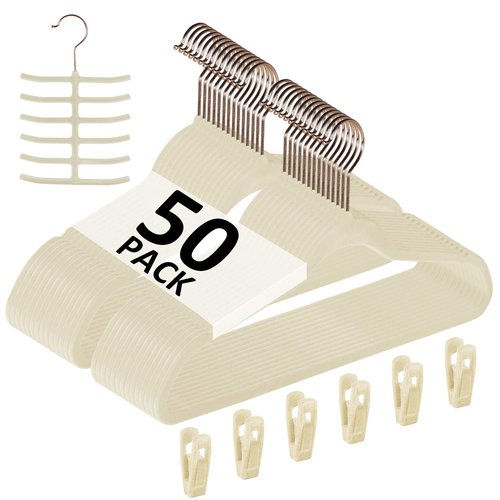 VECELO Premium Velvet Clothes Hangers Suit Heavy Duty (50 Pack)-Non Slip & Space-Saving with 6 Finger Clips & Tie Rack Excellent for Men and Women,Beige