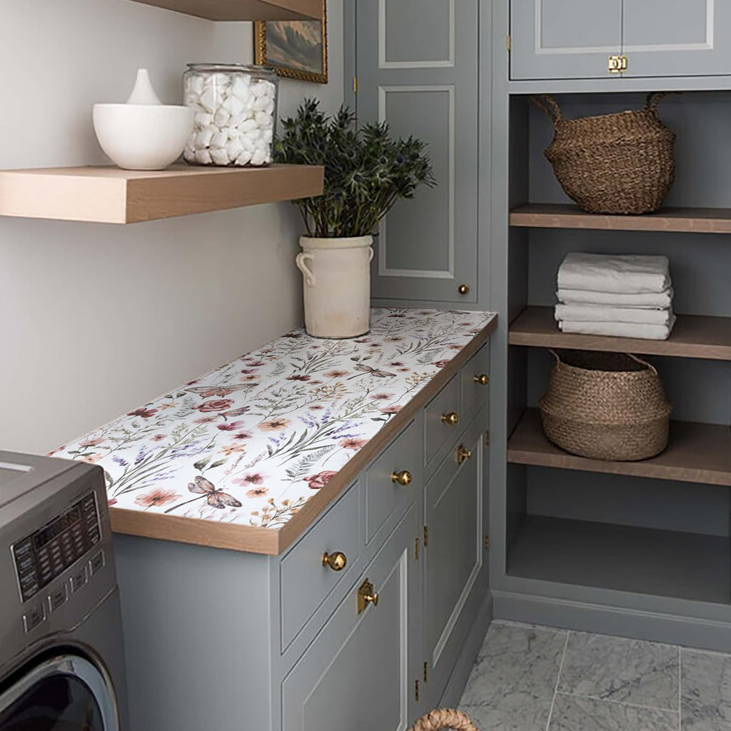 Floral Shelf and Drawer Liner for Kitchen Cabinets,24IN x 10FT Non-Adhesive and Strong Non-Slip Cabinet Drawer Liners for Kitchen Shelf, Waterproof Cupboard Liners,Easy to Clean