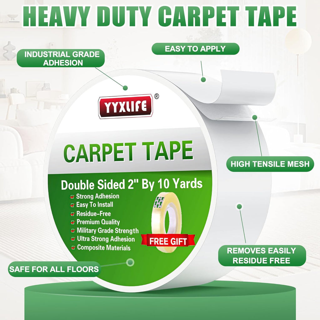 YYXLIFE Double-Sided Rug Tape | Strong Adhesive for Hardwood Floors - Non-Slip, No Residue, 2" x 10 Yards, White