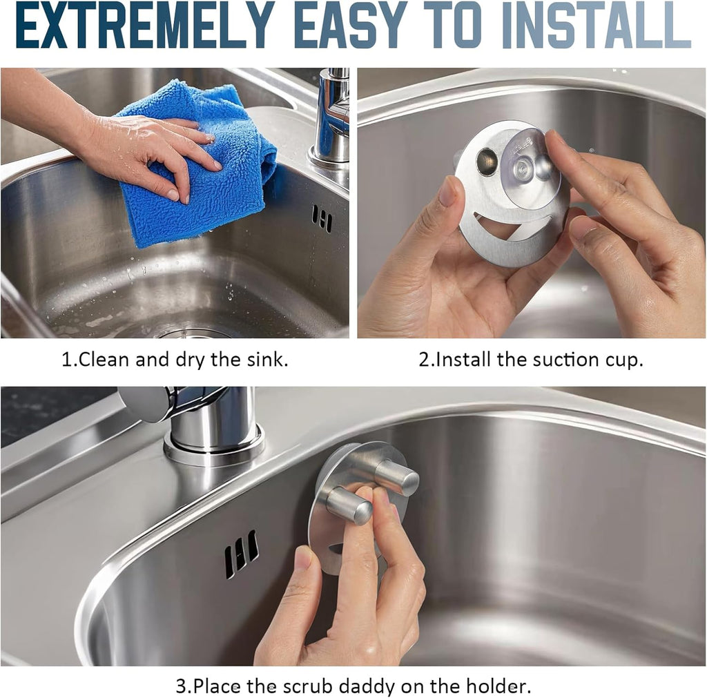 Yoshiky Stainless Steel Smiley Face Sponge Holder - Silver Sink Caddy Organizer with Suction Cup for Kitchen