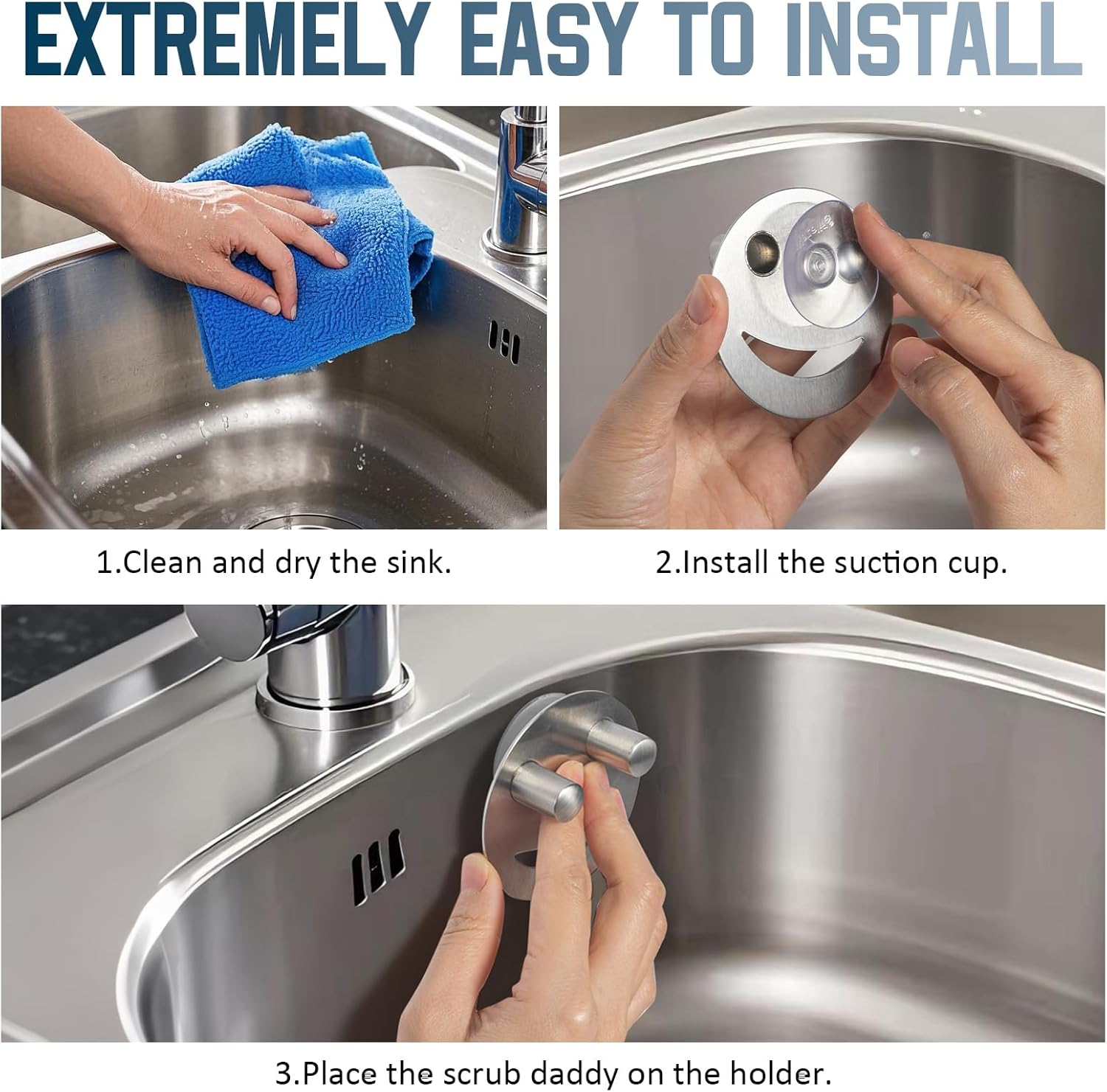 Yoshiky Stainless Steel Smiley Face Sponge Holder - Silver Sink Caddy Organizer with Suction Cup for Kitchen