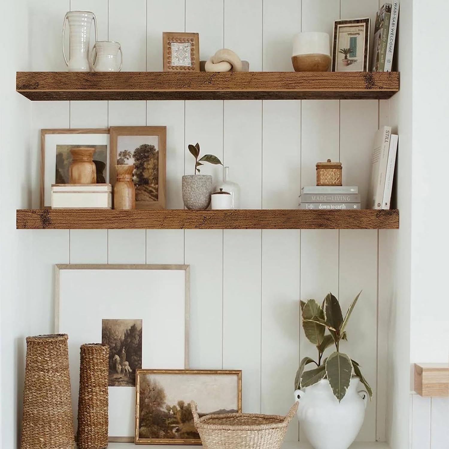 QEEIG Floating Shelves - Rustic Brown Wall-Mounted Display Shelf Set of 2 | 31.5" x 9.3" for Home Decor